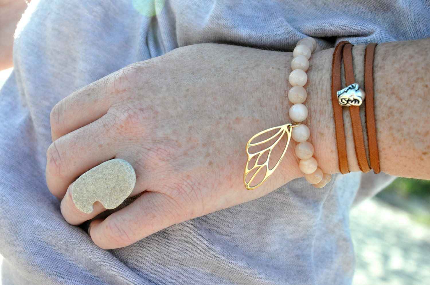 Lucky Elephant Leather Wrap Bracelet driftwood brown leather bohemian beach jewelry