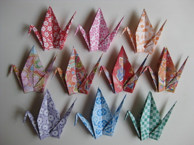 10 Large Japanese Washi Chiyogami Paper Cranes in Assorted Design (A)