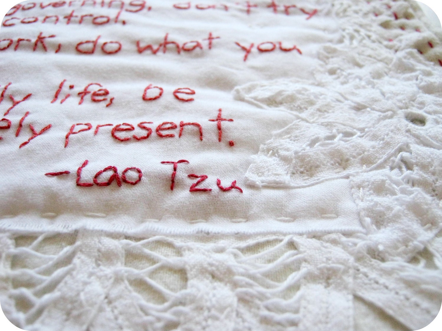 Vintage Inspired Hand Embroidered Mini Art Quilt - Lao Tzu Quote