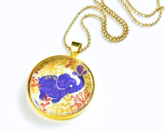 Purple Elephant - art pendant canvas paper print - golden jungle tiny artwork - Oksancia