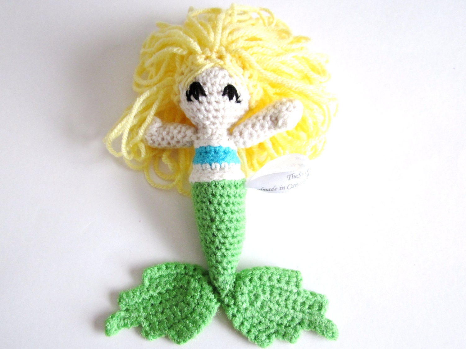Doll Amigurumi: Mermaid Toy with Pale Blond Hair, Blue Top, Green Tail in Washable Yarn - Crocheted and Designed by The Silver Hook