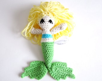 Doll Amigurumi: Mermaid Toy with Pale Blond Hair, Blue Top, Green Tail in Washable Yarn - Crocheted and Designed by The Silver Hook