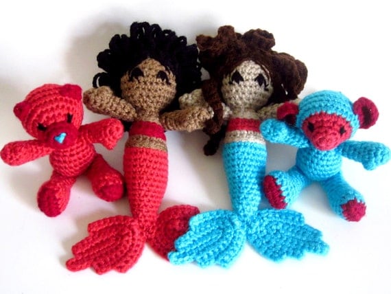 Waldorf Doll: Brown Skin Mermaid Amigurumi RATTLE with Short Black Hair, Red Top, Pink Fins - Handmade and Crocheted by The Silver Hook