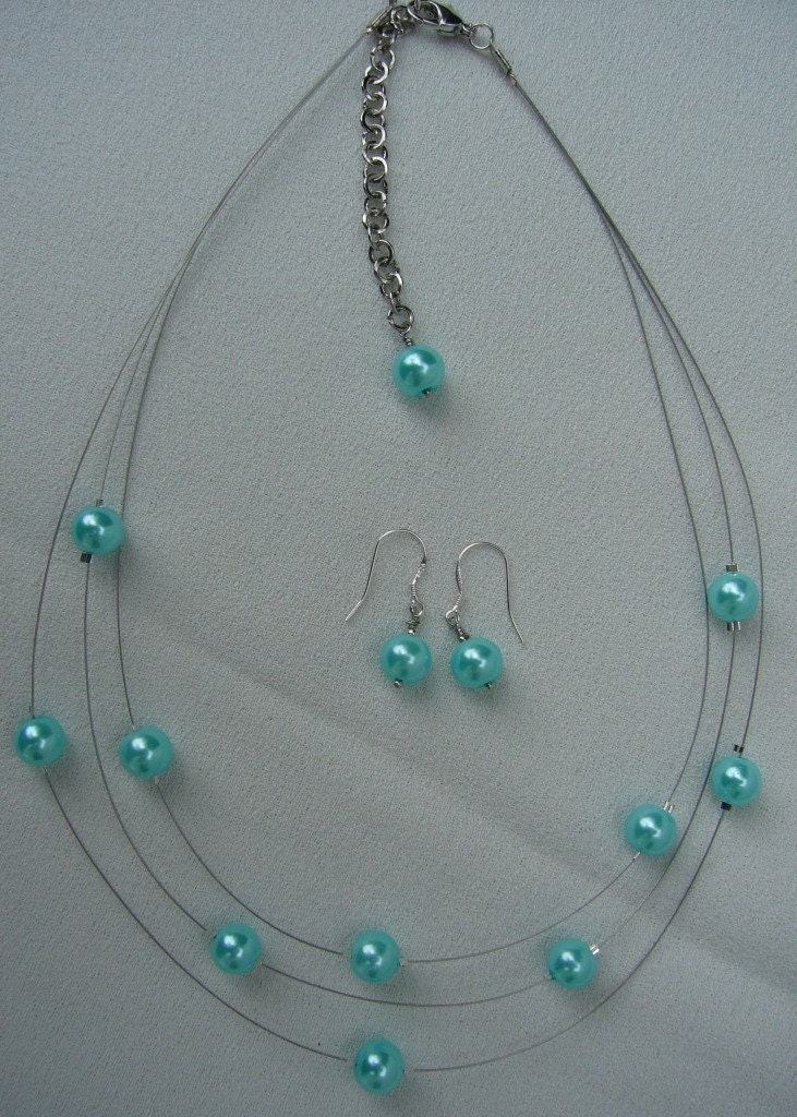 Three Stranded Floating Pearls Turquoise Blue Necklace and Earrings Set