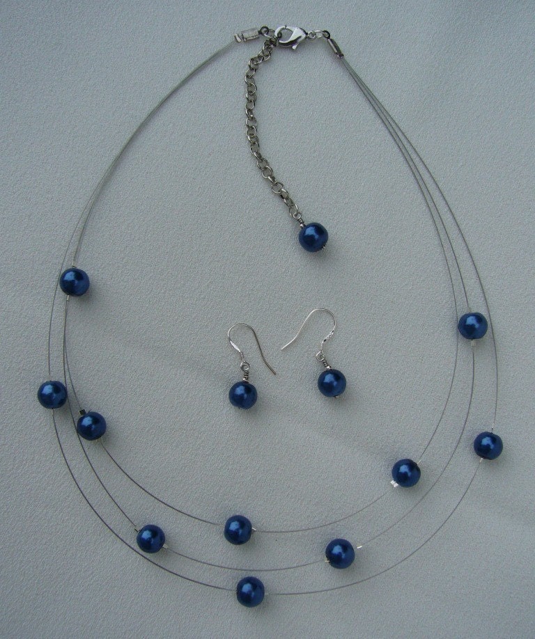 Three Stranded Midnight Blue Floating Pearl Necklace and Earrings Set