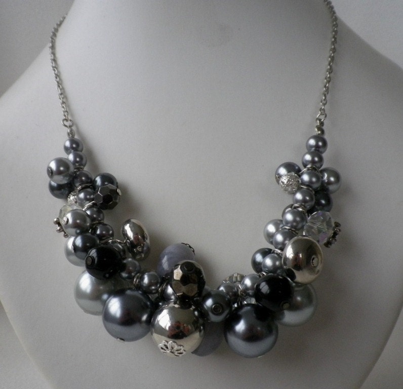 Grey Silver Charcoal and Pewter Cluster Necklace and Earrings