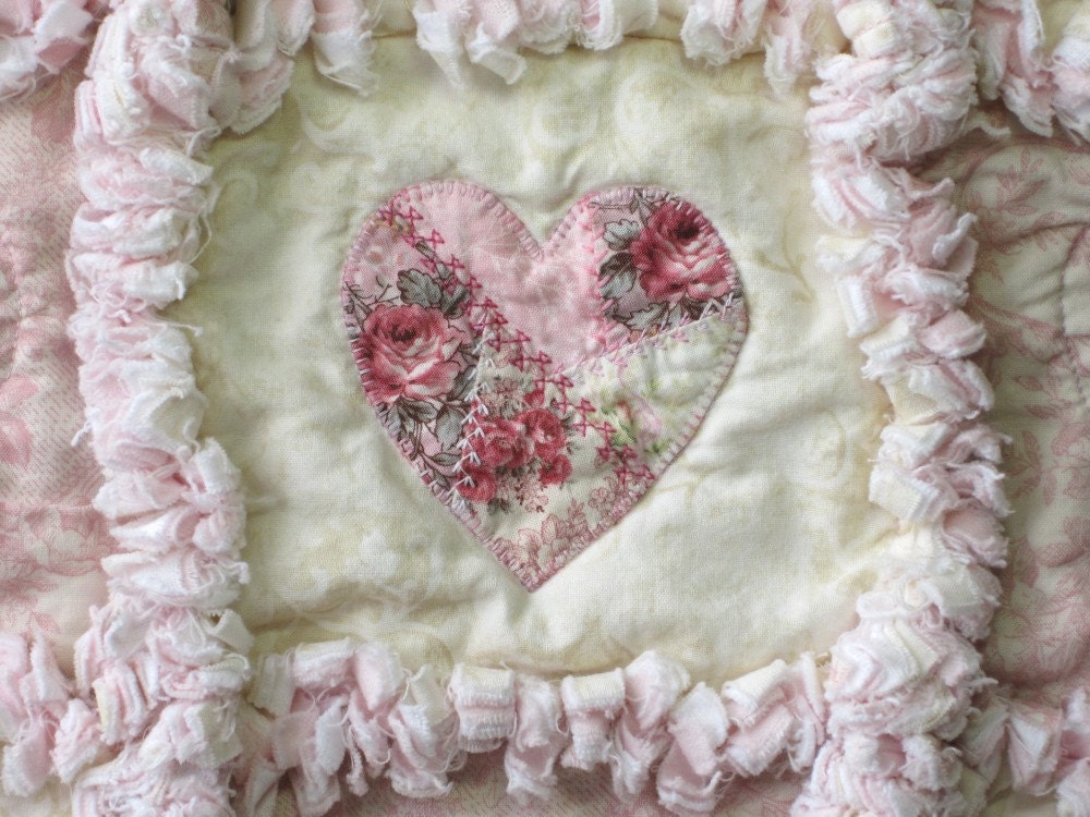 Baby Girl Quilt Crazy Quilted Applique Hearts Mini Rag Quilt Shabby Cottage Chic