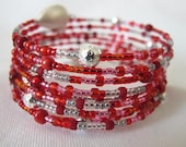 GYPSY wide wrap around bangle bracelet. Red and Silver toned  beads.
