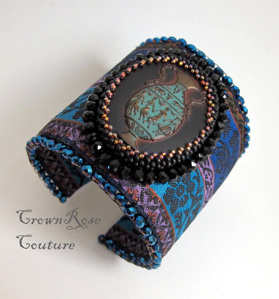 GRECIAN CAMEO and  Arabesque Brocade beaded Regal wide cuff bracelet from CrownRose Couture line. Non-allergic