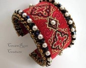 REGINA Red beaded brocade Regal cuff bracelet from CrownRose Couture line. Non-allergic
