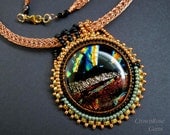 LASER LIGHT Night Show Pendant necklace. Mixed media. Wire weaving, bead embroidery and bead weaving. 26 inch length.
