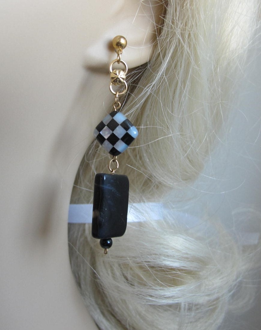 14K Gold Filled Black Onyx , Mother of Pearl checkerboard  and Black Onyx tile earrings. Post earrings. 2 1/4 inches long