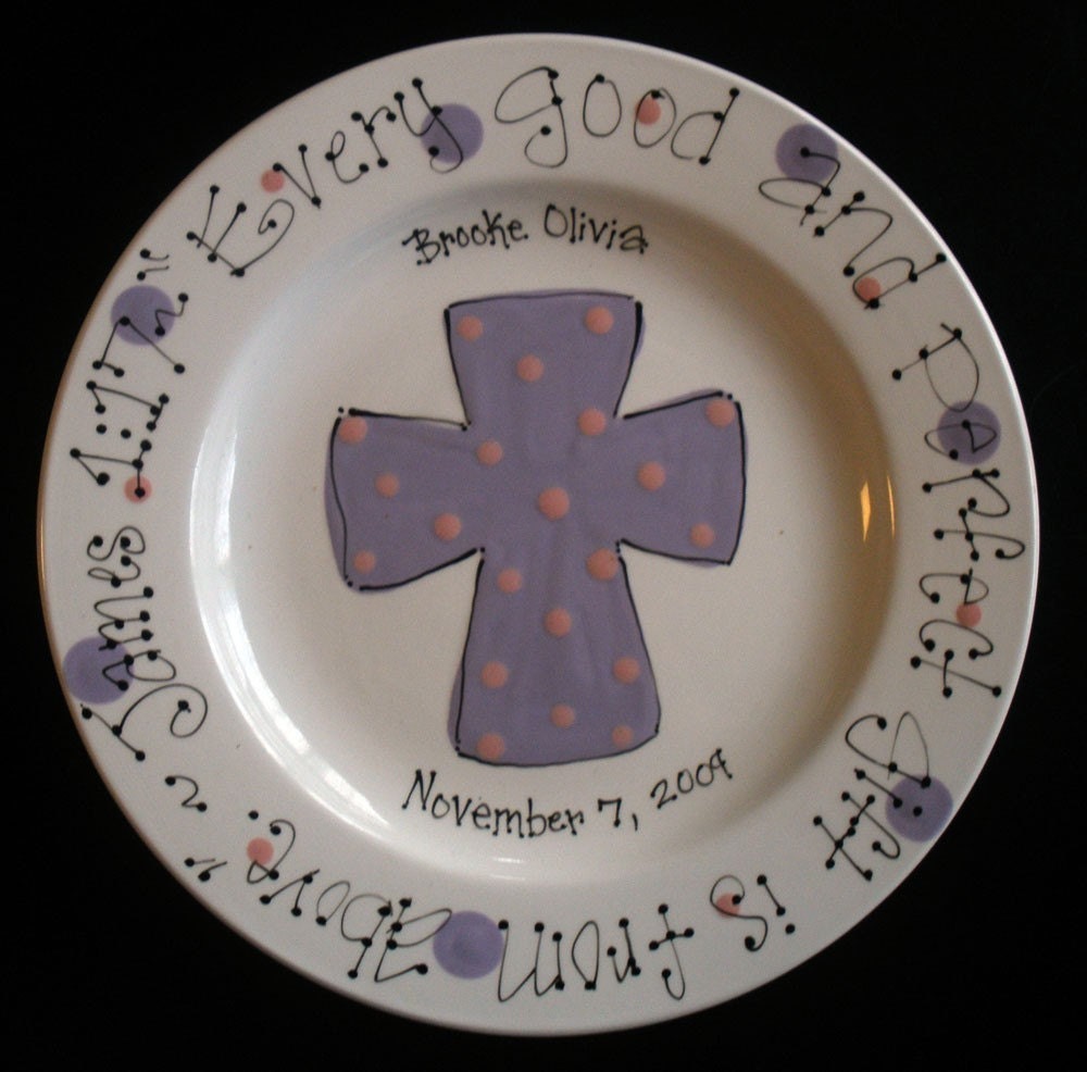Hand Painted Baby Plate with Cross - Great Baptism Gift