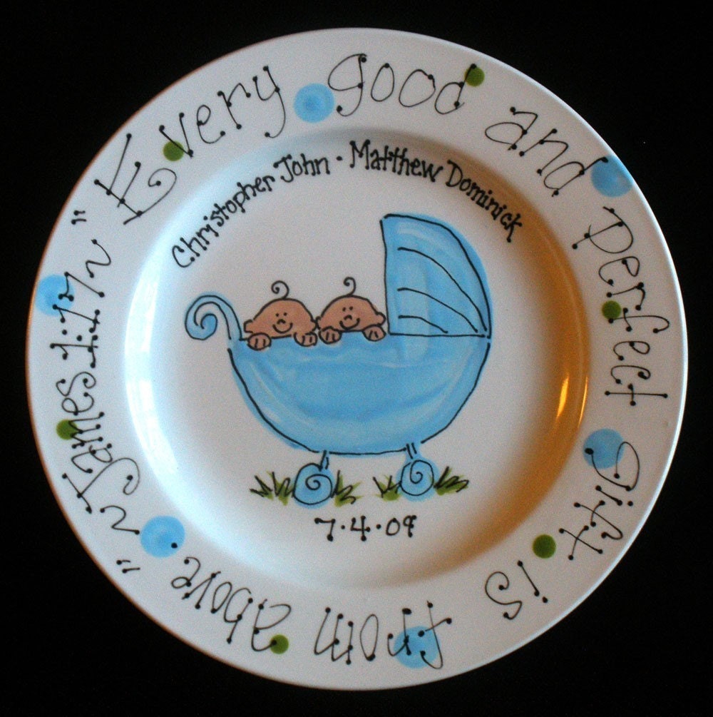 Twins Baptsim Dinner Size Plate - Hand Painted Baby Plate for Twins- Great Baptism Gift