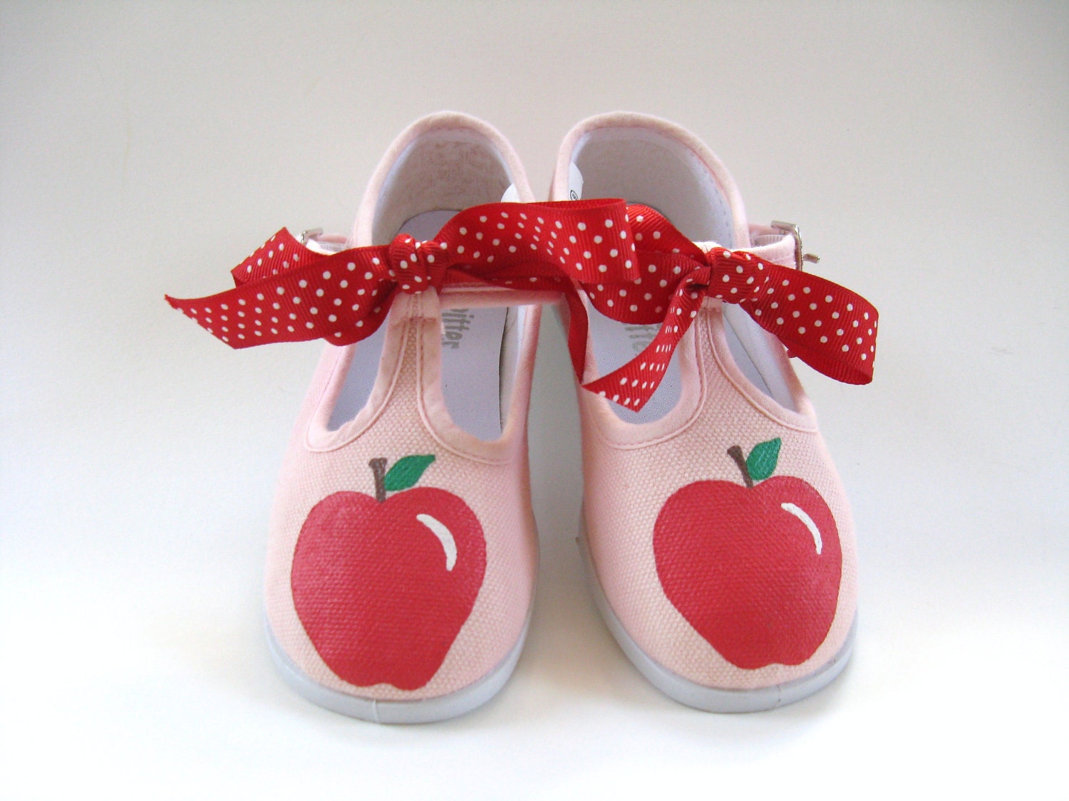 Girls Apple Shoes, Baby and Toddler, Pink Canvas T- Strap or Sneaker, Hand Painted