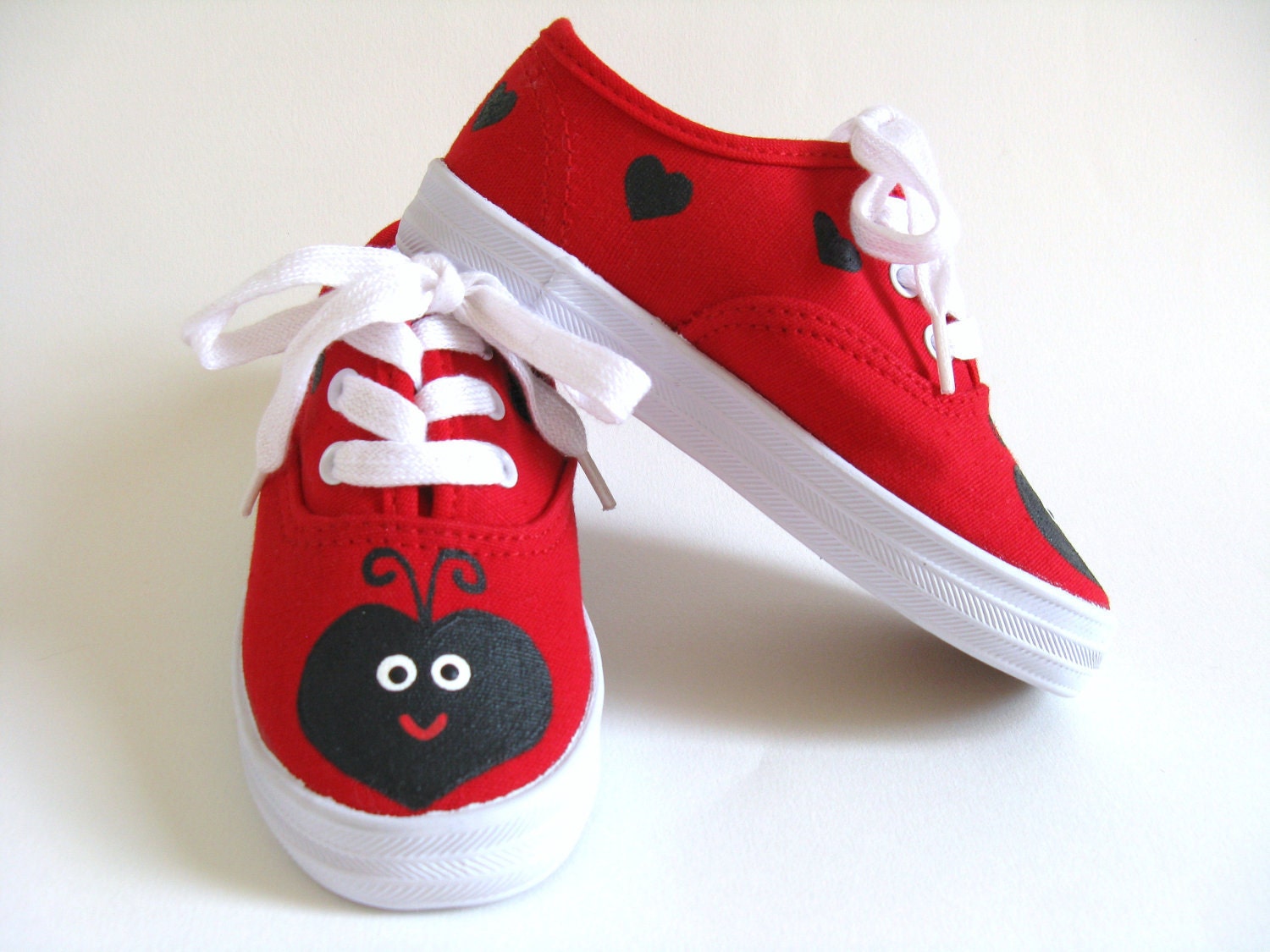 Girls Ladybug Shoes, Baby and Toddler, Hearts, Hand Painted, Red Canvas Sneakers