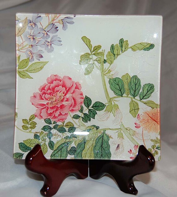 Square Glass Decoupage Plate Spring Flowers Glass by bellavetro