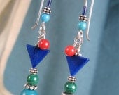 Turquoise, Lapis, Malachite, & Red Coral Gemstone Handmade Earrings