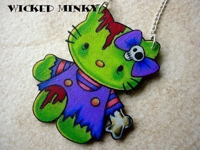 zombie hello kitty tattoo style necklace brains lime green sugar skull