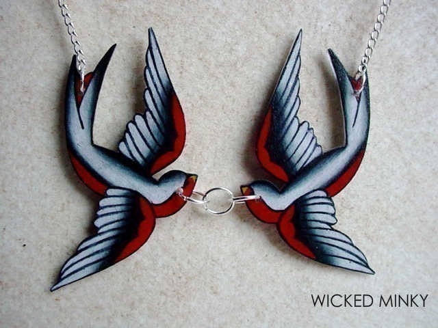 NEW black white and red kissing tattoo sparrow necklace