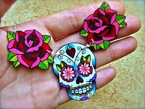 sugar skull and rose tattoo necklace day of the dead (dia de los muertos calavera)