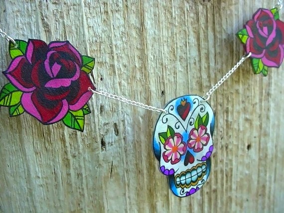 sugar skull and rose tattoo necklace day of the dead (dia de los muertos calavera)