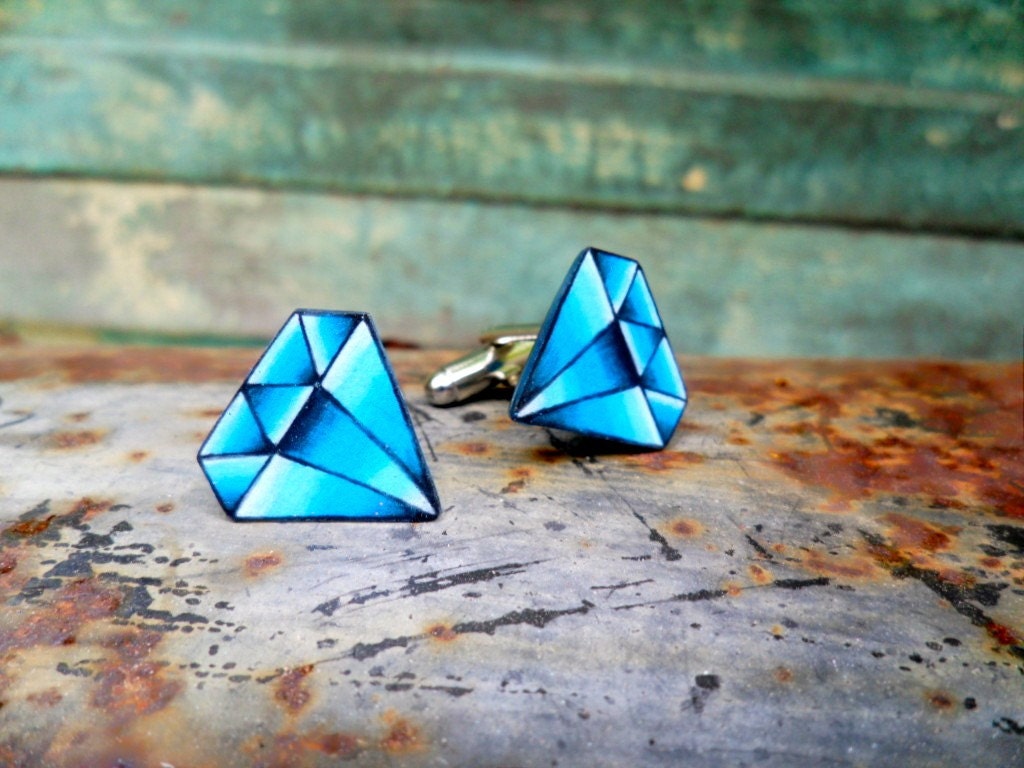 Vintage Tattoo Diamond Mens Cufflinks (bright blue september sapphire gem birthstone)