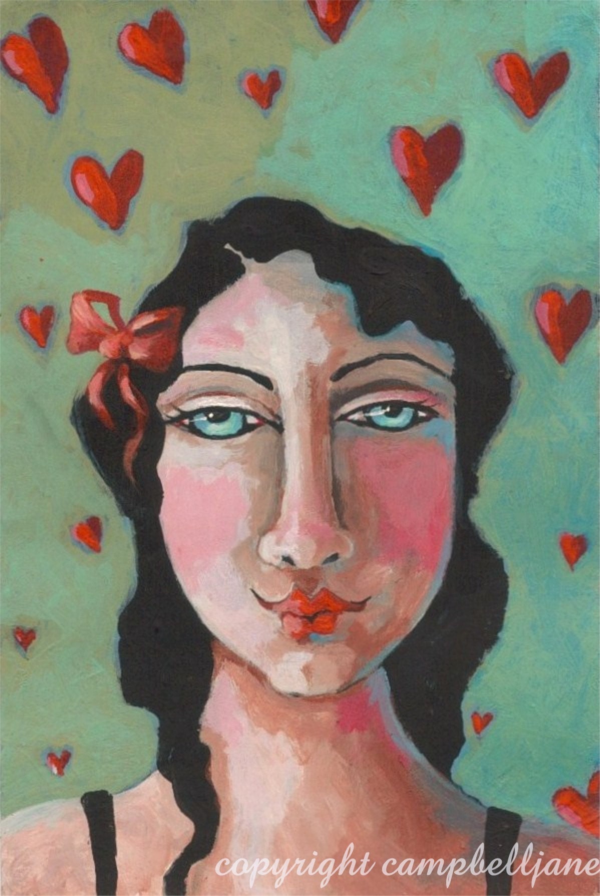 Falling Hopelessly Original Folk Art Portrait Painting Love Valentine OOAK