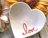 Heart Shaped Ring & Trinket Bowl - Ceramic Text Heart  - Love