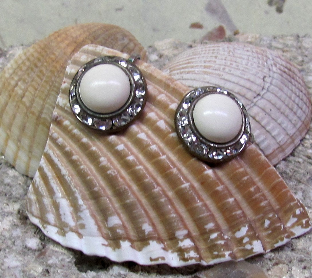 White Button Earrings with Rhinestone Accents