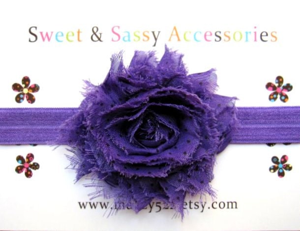 Purple and Black Dot Shabby Fabric Flower on a Stretch Headband - Fits Infants/Toddlers/Teens/Adults