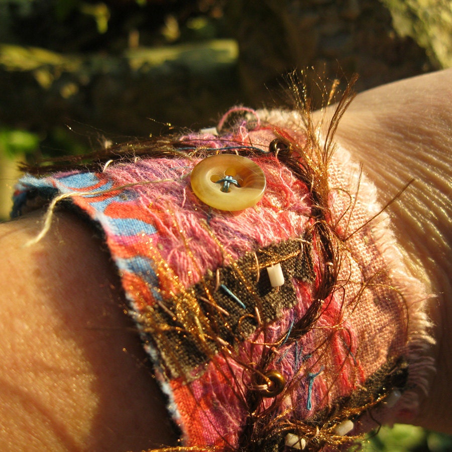 Fiber Art Bracelet Cuff in Pinks and Browns Textile Jewelry Free Shipping in US