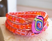 Triple Wrap Pink and Orange Crackle Glass Beaded Bracelet, Chan Luu Style Pink and Orange Beaded Bracelet, Beaded Bracelet