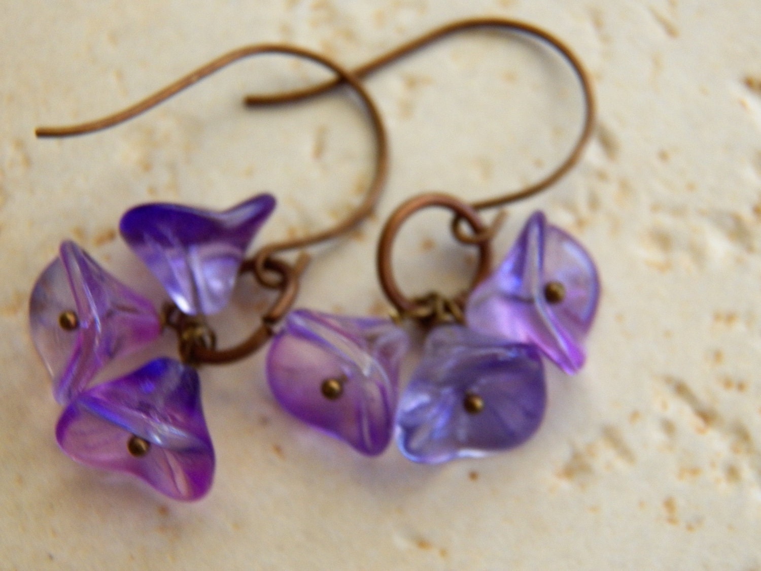 Three Petal Ultraviolet Czech Glass Floral Earrings