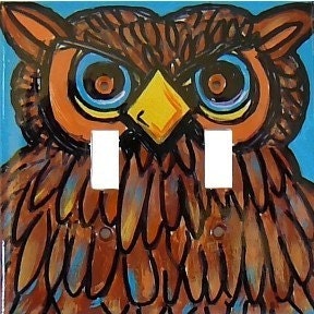 Whimsical Great Horned Owl - Hand Painted Double Switchplate (Light Cover)