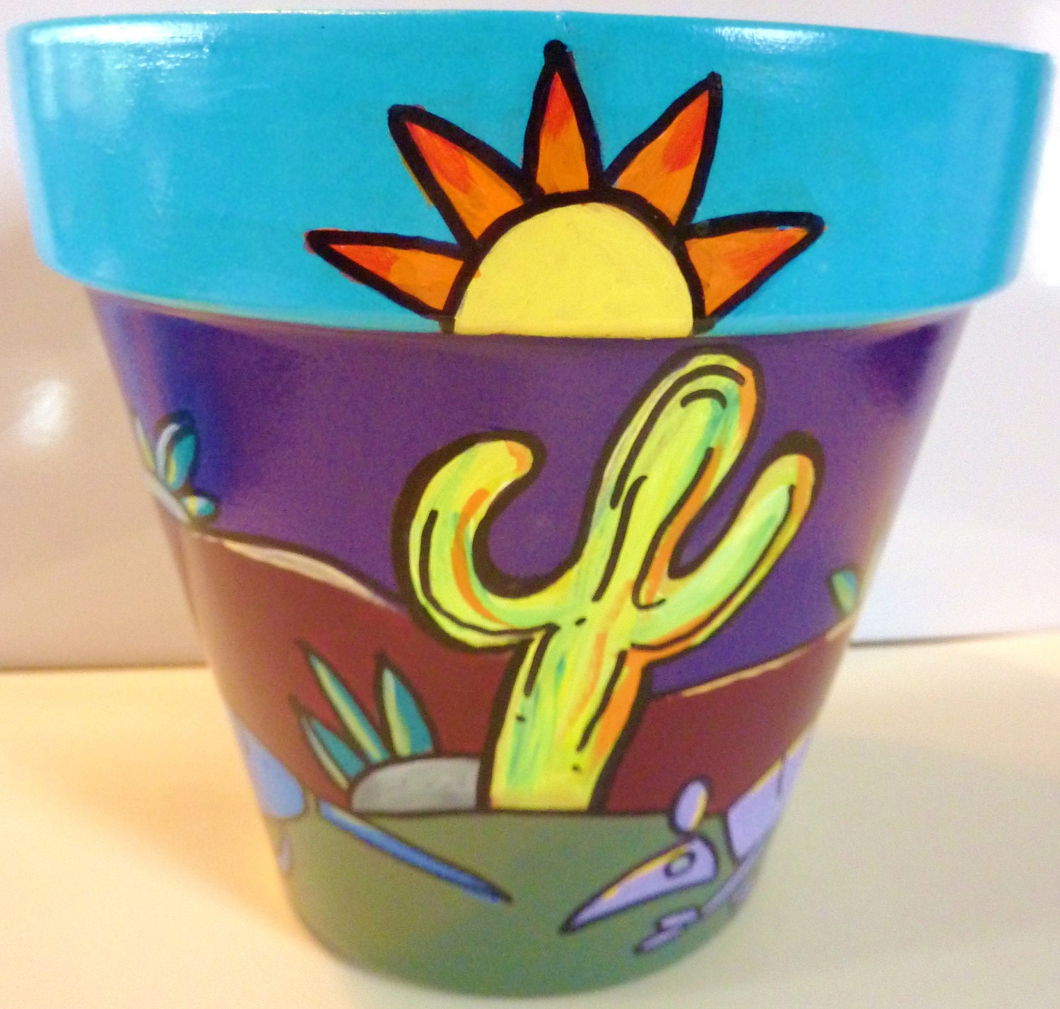 Armadillo and Cactus Under the Sun - 6" Original Hand Painted Flower Pot
