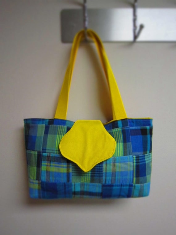 15% off- use code SAILAWAY15 - Turquoise and blue madras print tote