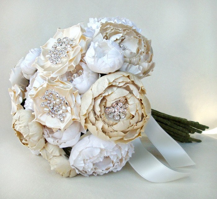 Ivory, Off White and Cream Silk Fabric Jeweled Catala Bridal Bouquet