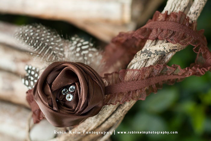 Brown Satin Ribbon Rosette on lace headband with feather and crystals-Newborn to adult sizes-Made to order