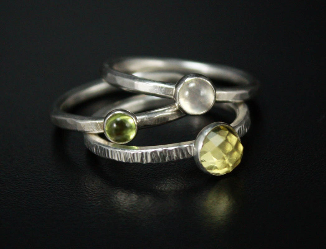 Stacking Green and Yellow Gemstone Rings, set of 3 - Peridot, Moonstone and Lemon Quartz