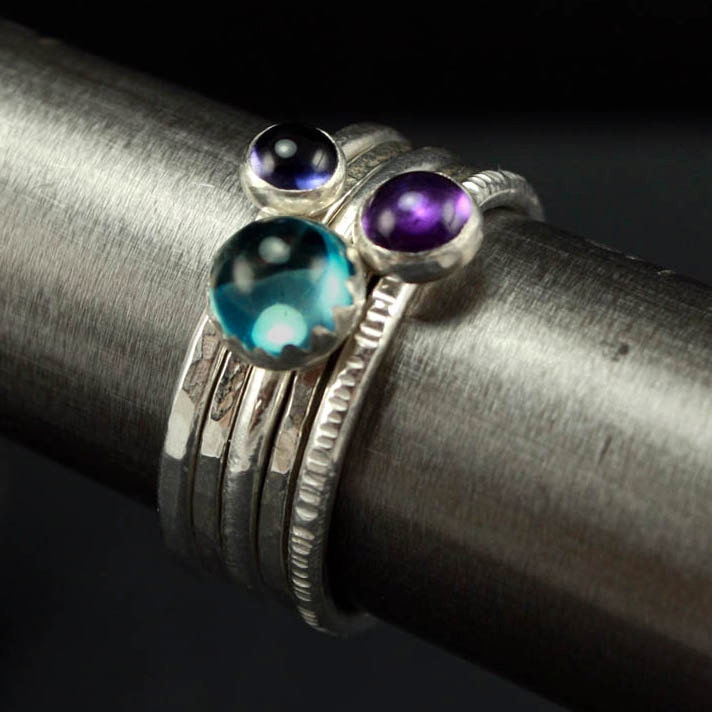 Blue and Purple Gemstone Rings - Topaz, Amethyst, Iolite, set of 5