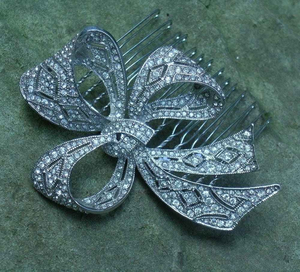 Pave Spun Filigree Crystal Rhinestone Vintage Art Deco Style Kenneth Lane Bow Comb