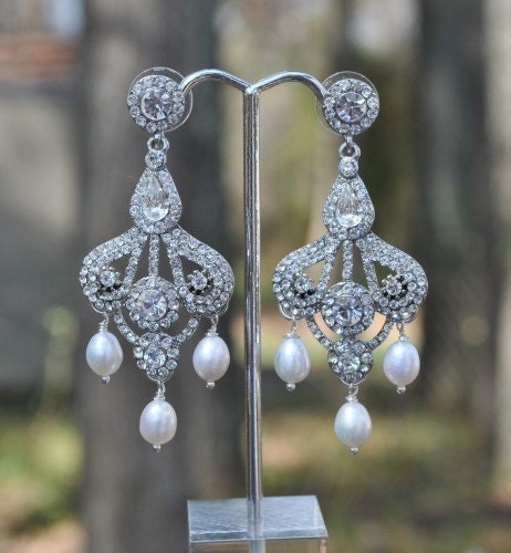 Pave Crystal  Rhinestone Vintage Inspired Chandelier Earrings with High Luster Freshwater Pearls Pearls