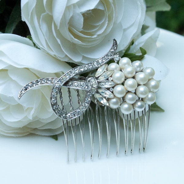 Original Vintage Rhinestone and Pearl Bridal Hair Comb