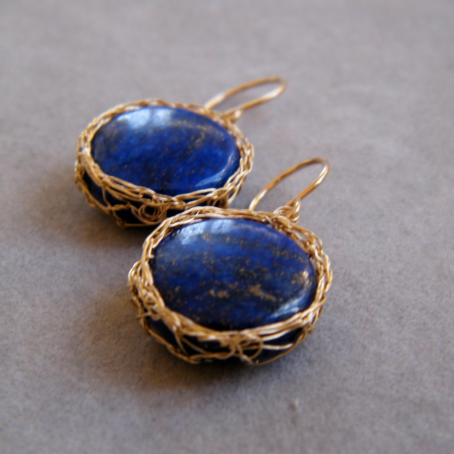 Lapis and Gold Earrings, Crochet Gold Wire