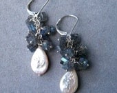 SALE 20% OFF - Pearl Teardrops and Labradorite Earrings, Chandelier Earrings, Cluster earrings, OOAK