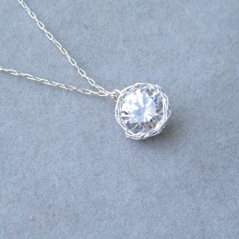 Small Cubic Zirconia Necklace, Sterling Silver Necklace, Crochet Silver Wire