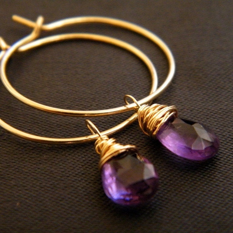 Hand Crafted Amethyst Hoops, gold filled