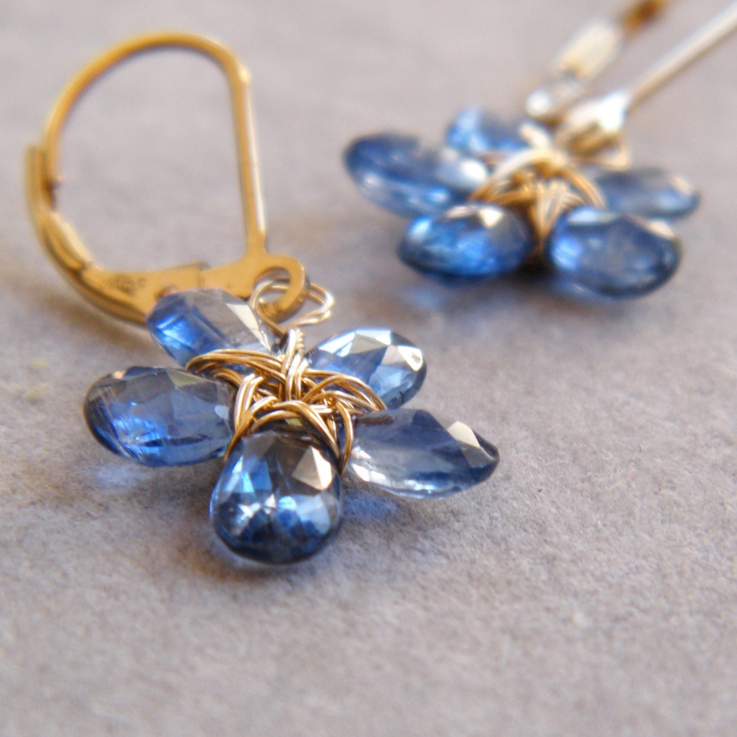 Blue Kyanite Flower Gemstone Earrings, 14k Gold Filled Wire, September Birthstone, September Birthday