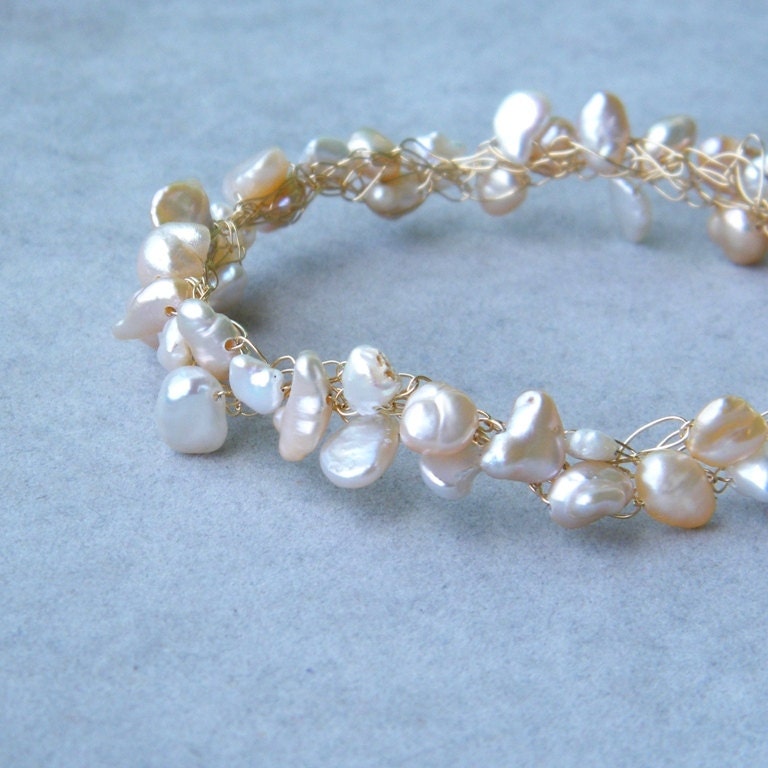 SALE 20%0FF - Fresh Water Pearls Bracelet, Keishi Pearl Bracelet, 14k Gold Filled Bracelet, Crochet Wire Bracelet